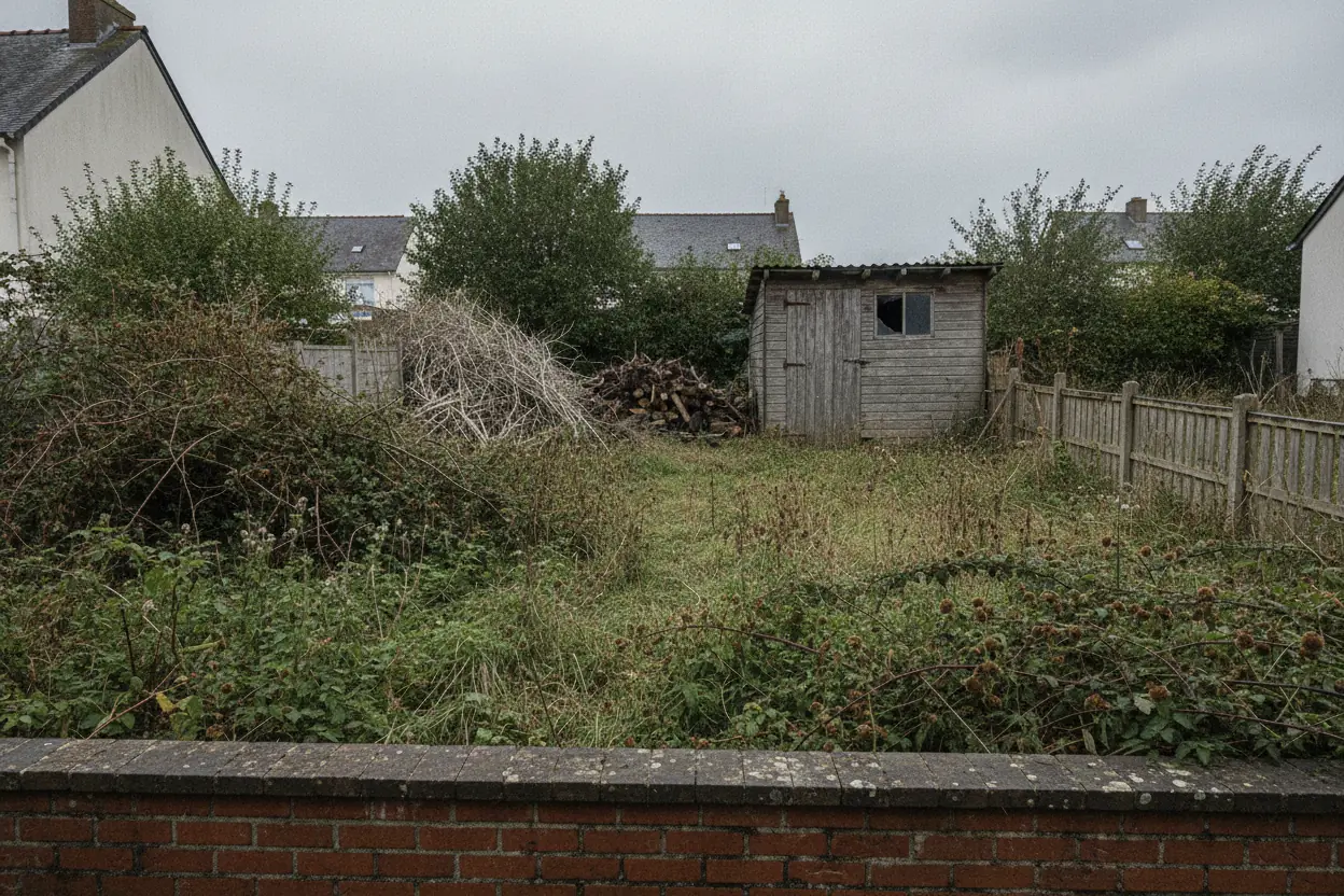 Fond de terrain envahi de ronces et de bois mort avant débroussaillage au Havre