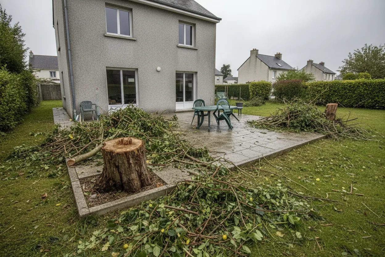 Souche et déchets verts près d'une terrasse à nettoyer au Havre
