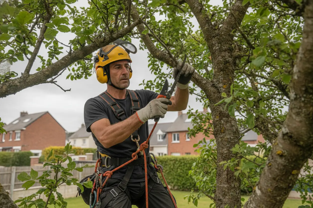 Élagueur taillant un arbre dans un jardin havrais