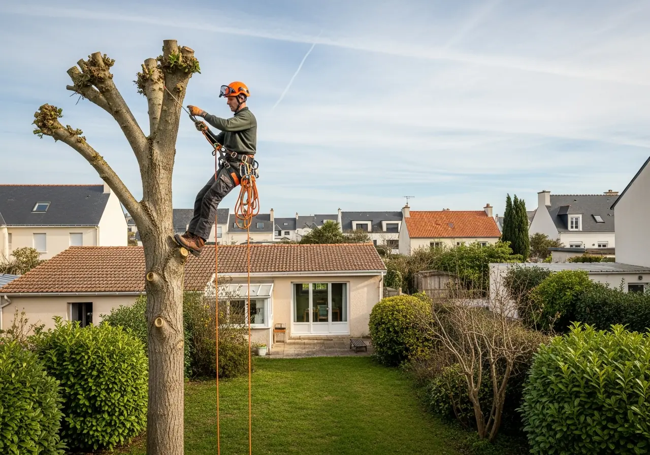 Arboriste grimpeur sécurisé dans un arbre havrais