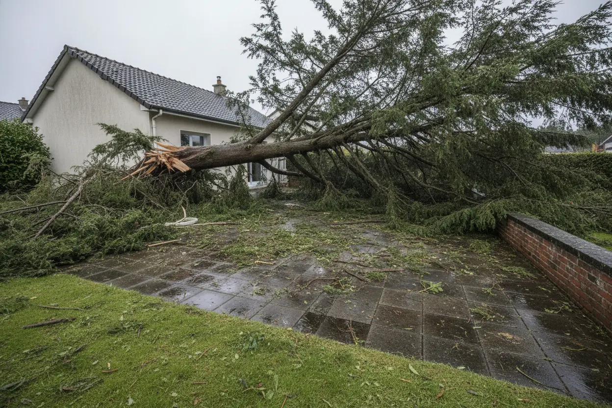 Cyprès tombé et débris couvrant une terrasse au Havre
