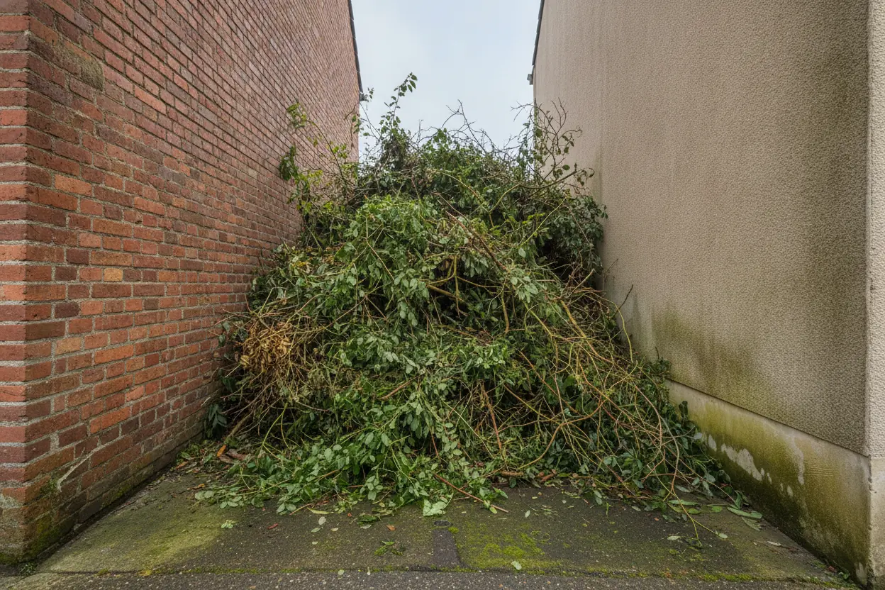 Tas de branches bloquant un passage étroit au Havre