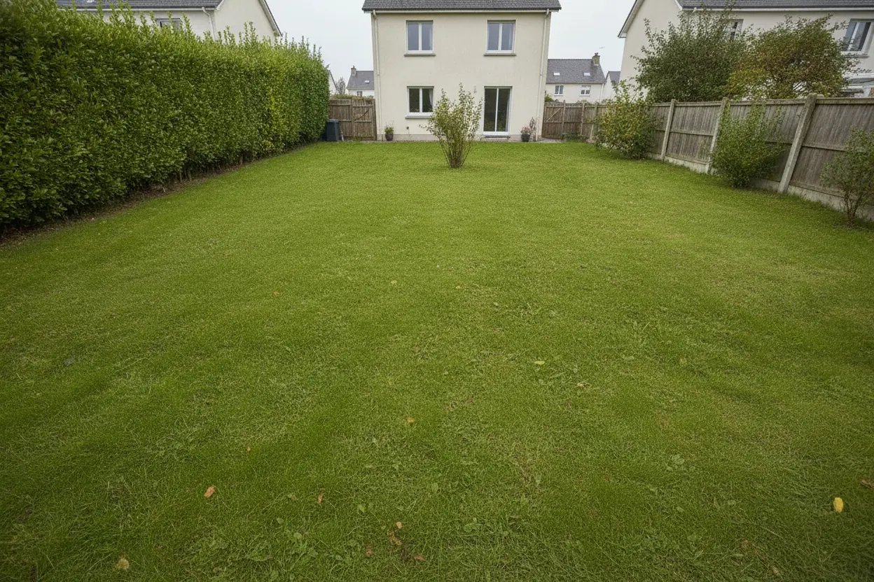 Pelouse ratissée après nettoyage complet du jardin