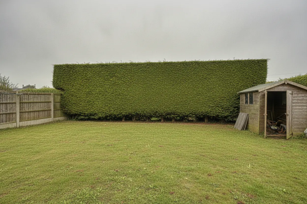 Haie de conifères taillée et jardin nettoyé après intervention au Havre