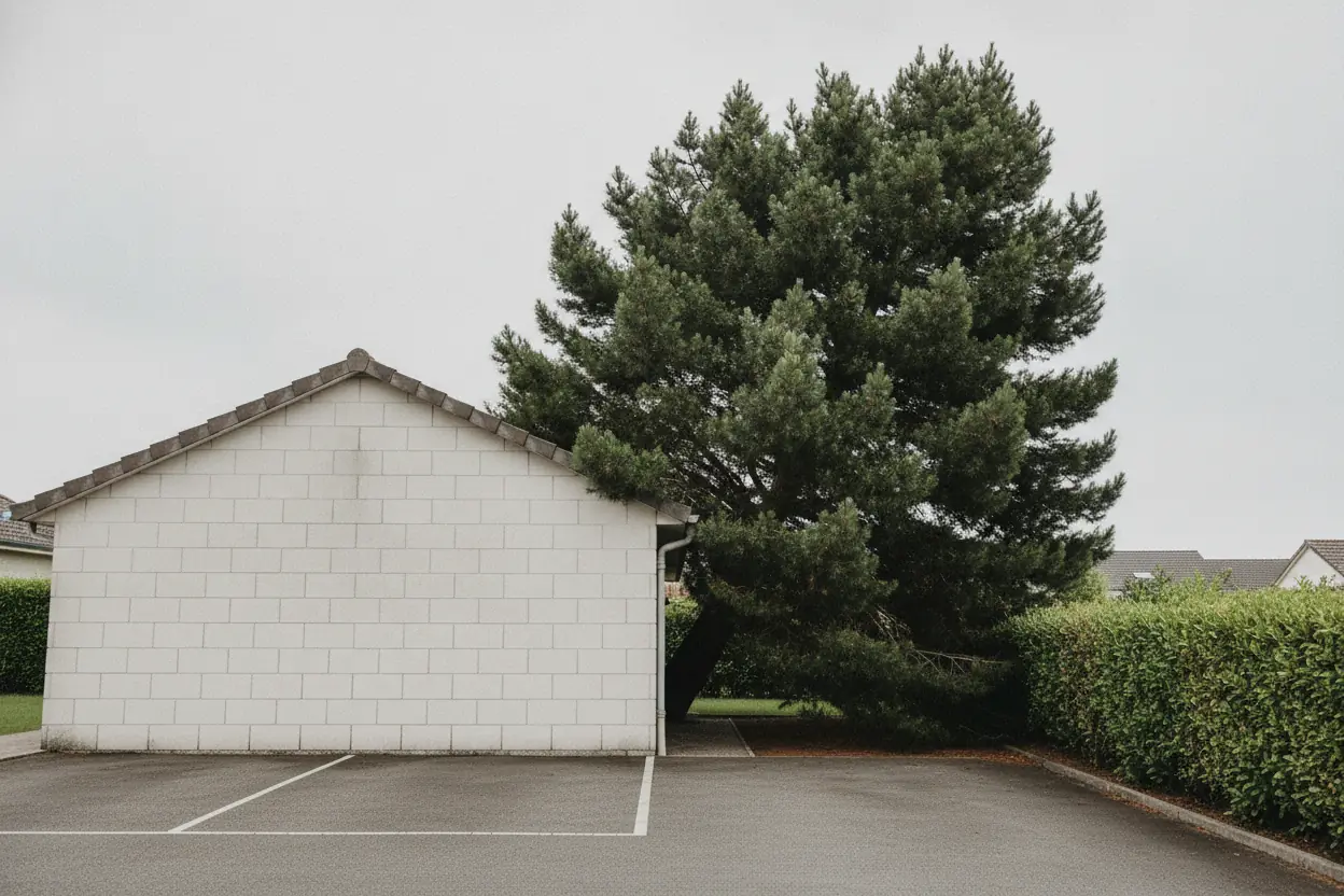 Pin penché au-dessus d'un garage à Épouville avant démontage
