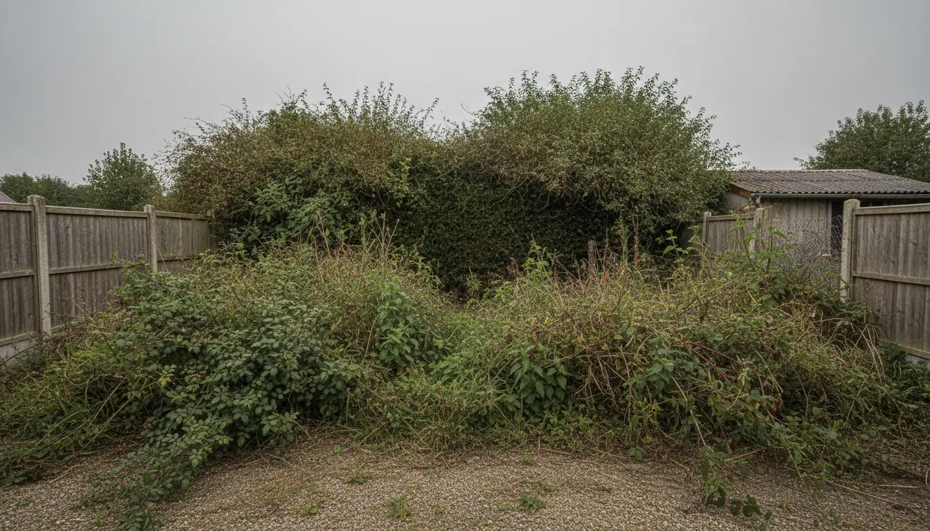Fond de parcelle envahi de ronces et de végétation à Gonfreville-l’Orcher avant nettoyage