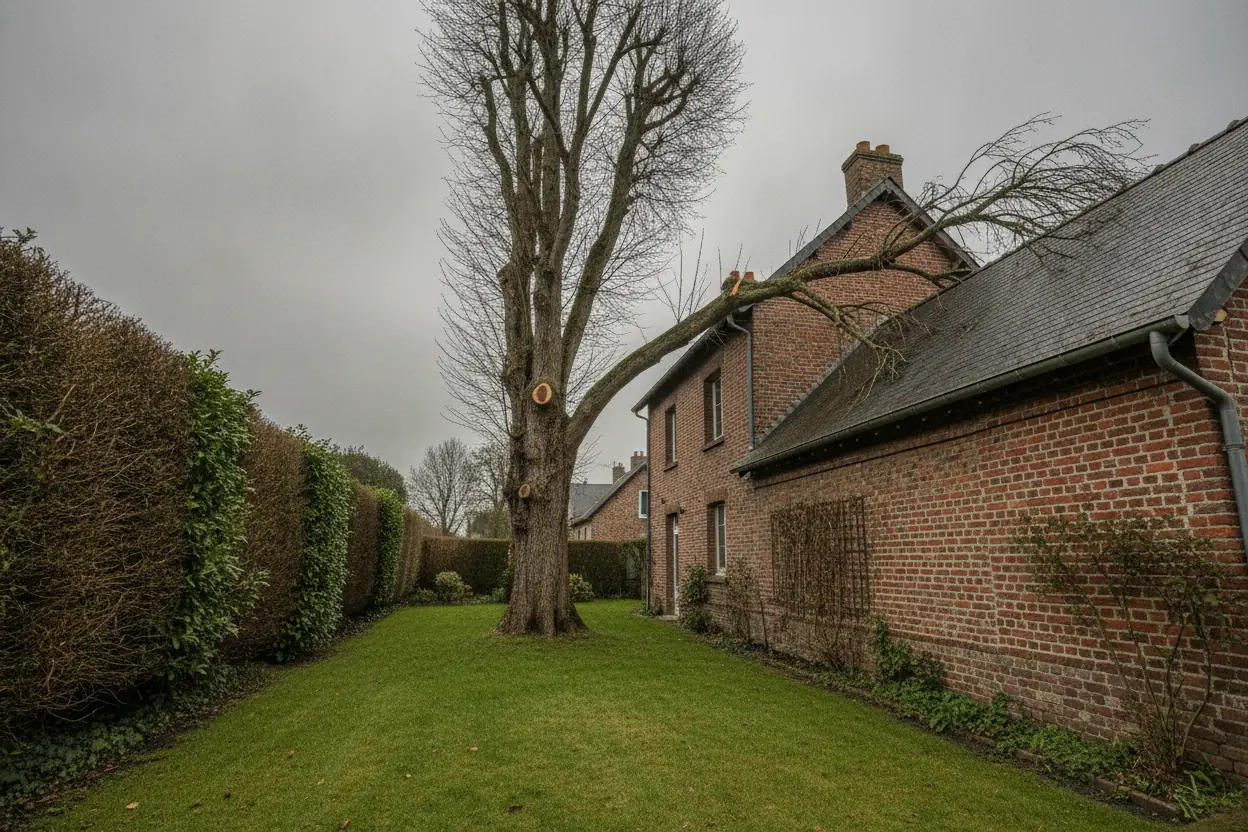 Grosses branches mortes surplombant le toit d'une maison en brique à Harfleur