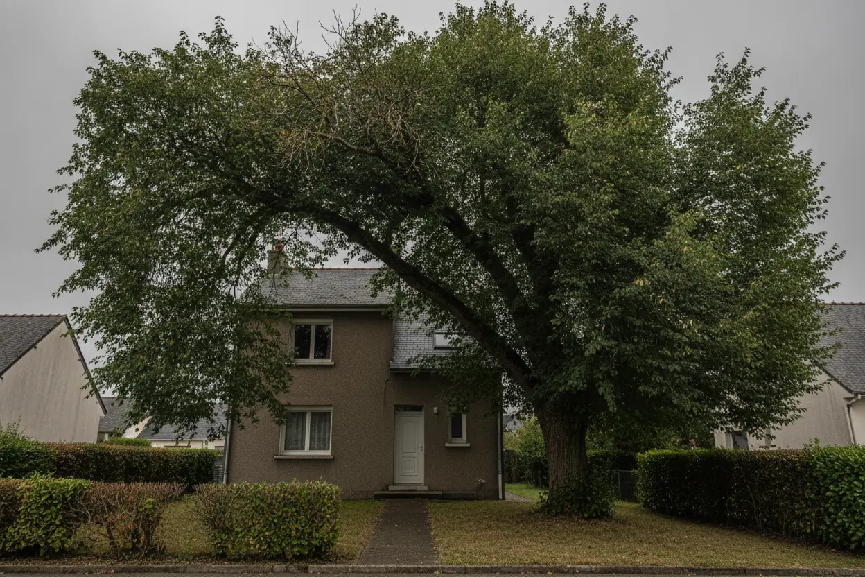 Grand arbre dense couvrant la façade d'un pavillon à Montivilliers avant taille