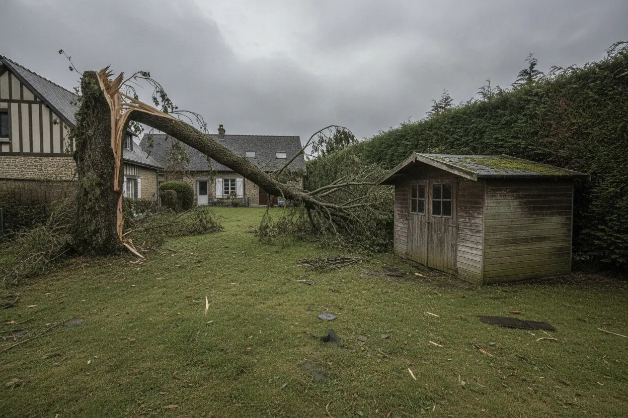 Grosse branche cassée penchée vers un abri de jardin à Montivilliers après un coup de vent