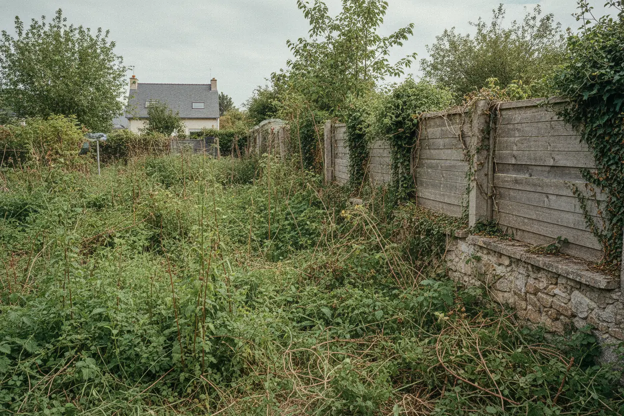 Fond de jardin envahi de ronces le long d'un muret en pierre à Montivilliers avant débroussaillage