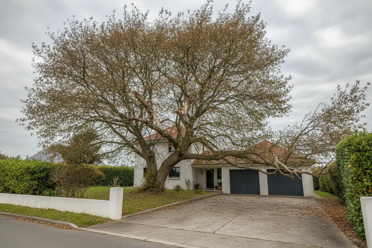 Arbre à la couronne débordante au-dessus d'une allée et d'un garage à Octeville-sur-Mer avant élagage