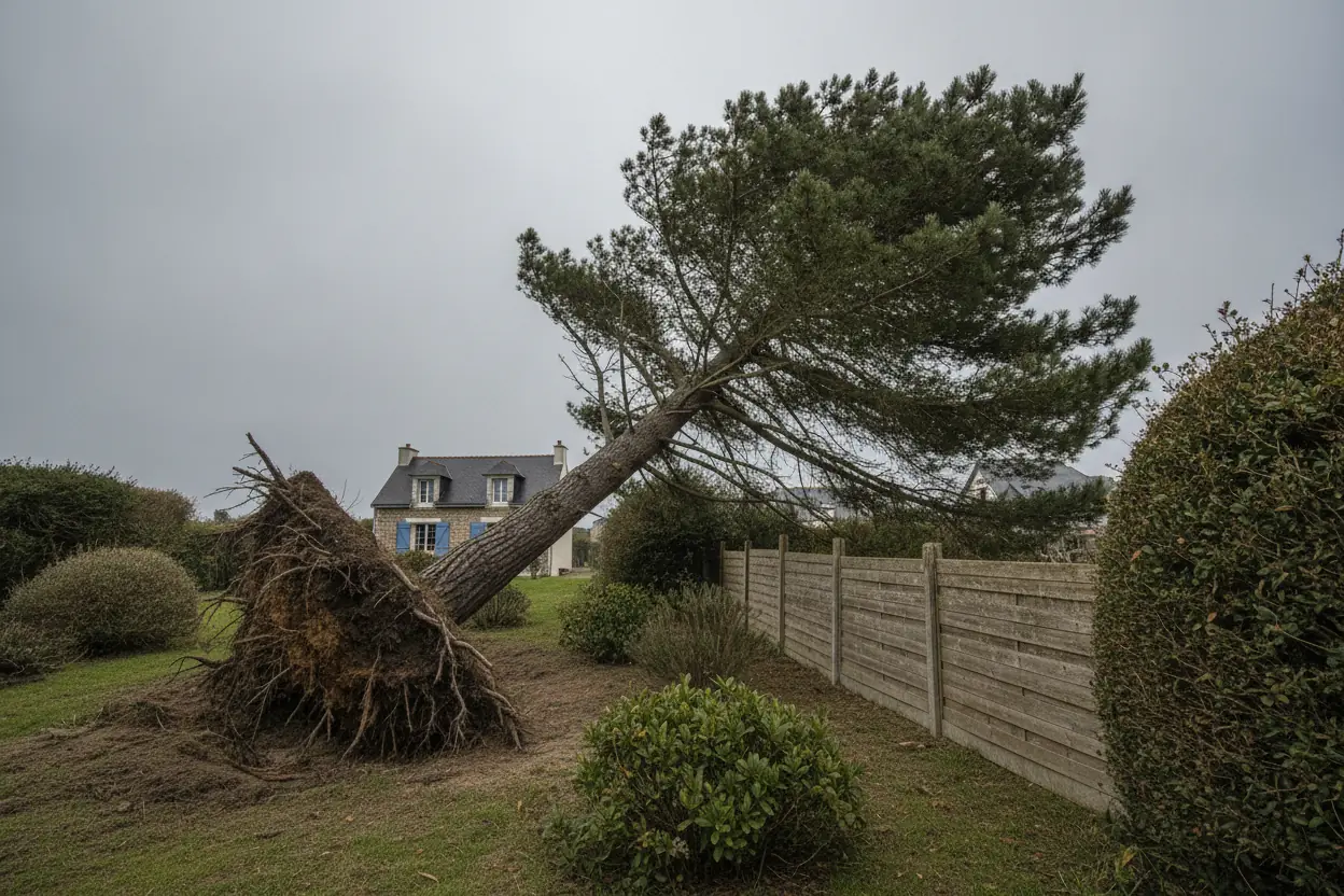 Pin penché à la motte soulevée par le vent de mer à Octeville-sur-Mer avant démontage