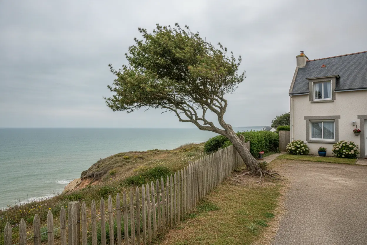 Arbre penché vers une clôture à Sainte-Adresse avant démontage