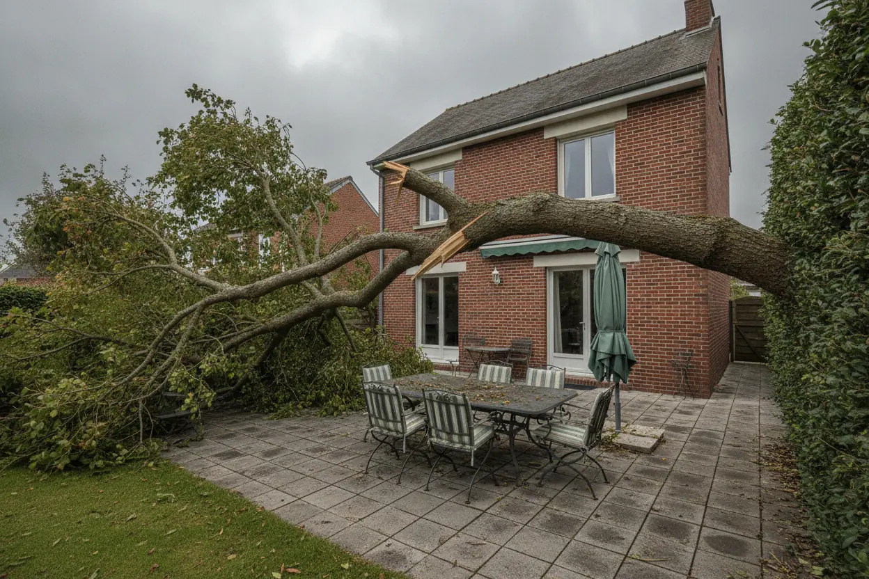 Branche cassée suspendue au-dessus d'une terrasse à Sainte-Adresse