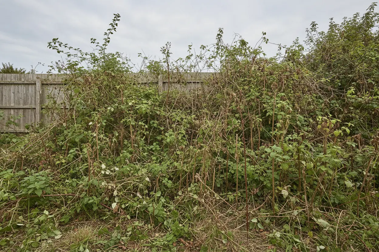 Fond de jardin envahi de broussailles à Sainte-Adresse